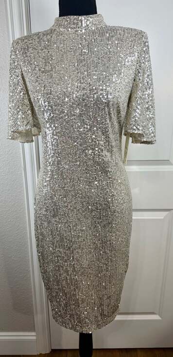 Eliza J Dresses & Skirts - Eliza J Sequin Flutter Sleeve Sheath Dress in Silver